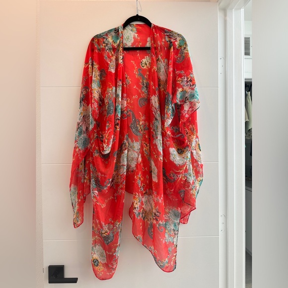 Bohemian floral chiffon swim coverup summer vacation beach pool casual party M - Picture 7 of 10